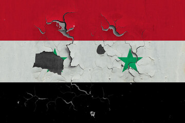 Syria flag close up old, damaged and dirty on wall peeling off paint to see inside surface. Vintage National Concept.