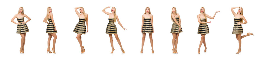 Beautiful girl in gold and black dress isolated on white