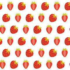 Seamless pattern of juicy red strawberries on a white background. Whole and half sweet berries. Summer colorful background. Hand drawn vector in Scandinavian style. Texture design for kids textiles.