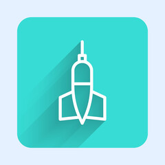 White line Dart arrow icon isolated with long shadow. Green square button. Vector Illustration