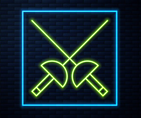 Glowing neon line Fencing icon isolated on brick wall background. Sport equipment.  Vector Illustration