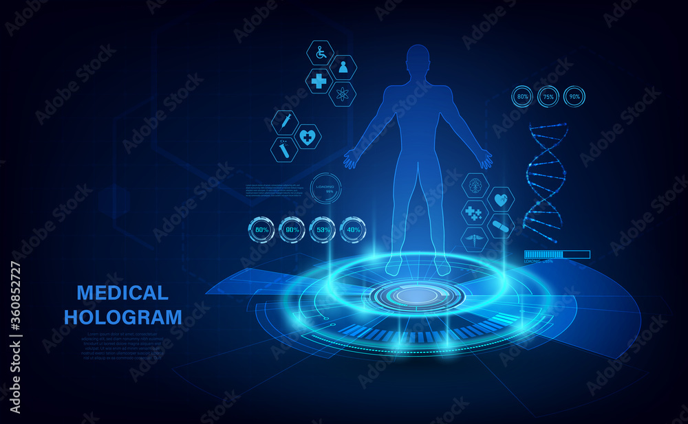 Wall mural Medical hologram with body, examination in HUD style. modern Futuristic examination healthcare concept with hologram human body and health indicators.  x-ray.