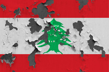 Lebanon flag close up painted, damaged and dirty on wall peeling off paint to see concrete surface. Vintage National Concept.