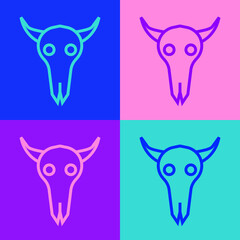 Pop art line Buffalo skull icon isolated on color background.  Vector Illustration