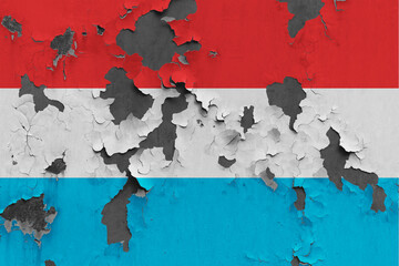 Luxembourg flag close up painted, damaged and dirty on wall peeling off paint to see concrete surface. Vintage National Concept.