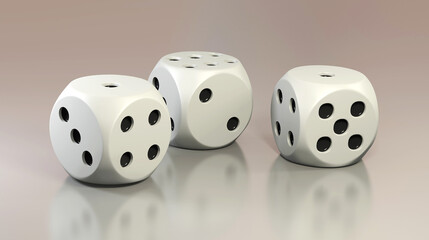 Three white dice on a light background. 3d ilustration. Wallpaper.