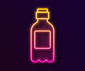 Glowing neon line Bottle of water icon isolated on black background. Soda aqua drink sign.  Vector Illustration