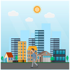 Man walks through the city. Walking, vector illustration