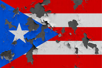 Puerto Rico flag close up painted, damaged and dirty on wall peeling off paint to see concrete surface. Vintage National Concept.