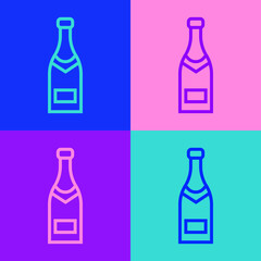 Pop art line Champagne bottle icon isolated on color background.  Vector Illustration