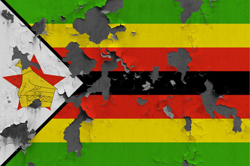 Zimbabwe flag close up painted, damaged and dirty on wall peeling off paint to see concrete surface. Vintage National Concept. - obrazy, fototapety, plakaty