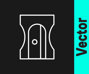 White line Pencil sharpener icon isolated on black background.  Vector Illustration