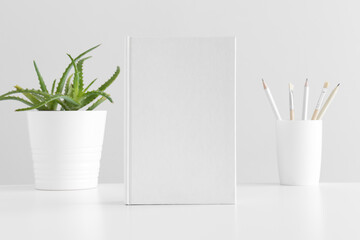White book mockup with workspace accessories and a succulent plant on a white table.