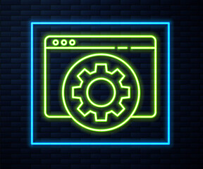 Glowing neon line Browser setting icon isolated on brick wall background. Adjusting, service, maintenance, repair, fixing.  Vector Illustration