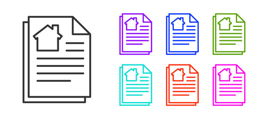 Black line House contract icon isolated on white background. Contract creation service, document formation, application form composition. Set icons colorful. Vector Illustration