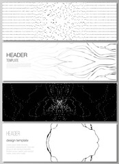 The minimalistic vector illustration of the editable layout of headers, banner design templates. Trendy modern science or technology background with dynamic particles. Cyberspace grid.