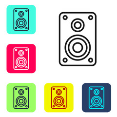 Black line Stereo speaker icon isolated on white background. Sound system speakers. Music icon. Musical column speaker bass equipment. Set icons in color square buttons. Vector Illustration