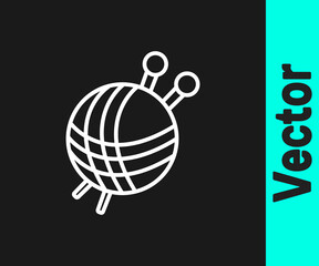 White line Yarn ball with knitting needles icon isolated on black background. Label for hand made, knitting or tailor shop.  Vector Illustration