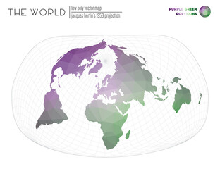 Abstract world map. Jacques Bertin's 1953 projection of the world. Purple Green colored polygons. Creative vector illustration.