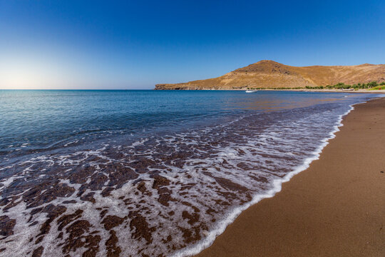 Beach of Chrousos, near Mesotopos village, in Lesvos island, Aegean sea, Greece. Chrousos is famous for its long, sandy shore.