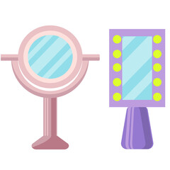 A set of makeup mirrors. Collection of mirrors with stand and built-in light isolated on a white background. Devices for female beauty. Vector illustration in flat style.