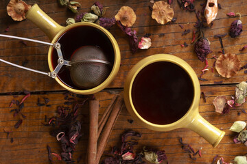 Autumn or winter hot tea with fruit, cinnamon and spices in ceramic cup. lemon balm tea. influenza virus. Drinking hot tea for patients.