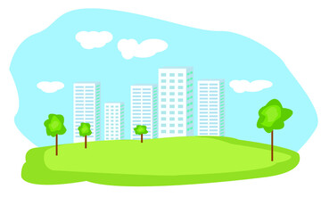 Flat design of  city buildings in a modern future with graphic info elements, green city.
