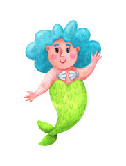 Cartoon mermaid with blue hair. Children's watercolor illustration of a fairy-tale character. Body positive girl. Stock image isolated on a white background.