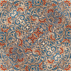 Paisley Floral seamless pattern with beautiful colorful decorative flowers on grunge background, Colorful detailed red Flower objects backdrop,Rayon fabric with sparkles and lace wrap, Textile pattern