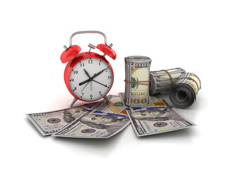 3D Rendering Illustration of Clock with Dollar Bills