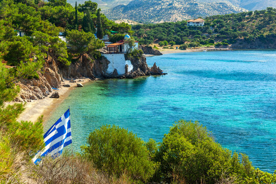 LESVOS, GREECE, the beach of Agios Ermogenis, with fine turquoise water and calm nature. A very popular beach among locals and visitors