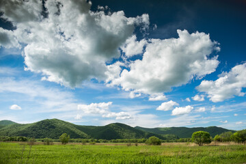 Summer landscape with green meadows and hills, and a blue sky with clouds