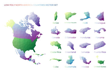 North american low poly regions. Polygonal map of North America with regions. Geometric maps for your design. Attractive vector illustration.
