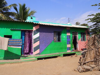 Colorful single-story house, Hampi, Karnataka, South India, India