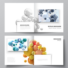 Vector layout of two covers templates for square bifold brochure, flyer, magazine, cover design, book design, brochure cover. Realistic vector background with multicolored 3d spheres, bubbles, balls.