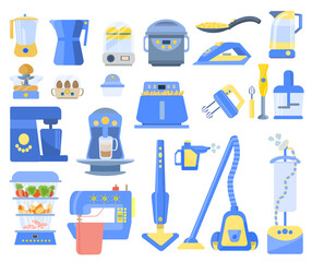Collection of household and kitchen appliances for a comfortable stay.Set of equipment for cleaning the house, cooking. Home appliances isolated on white background. Vector illustration in flat style.