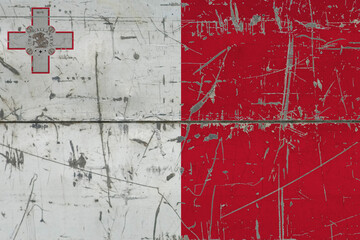 Malta flag painted on cracked dirty surface. National pattern on vintage style surface. Scratched and weathered concept.