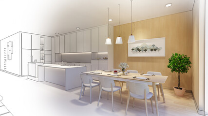 3d rendering. Interior house modern open living space with kitchen.Loft style Duplex apartment residence.Home decoration   interior design.drawing line sketch to realistic.