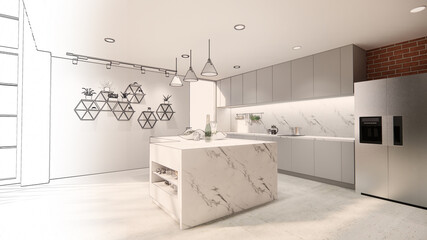 3d rendering. Interior house modern open living space with kitchen.Loft style Duplex apartment residence.Home decoration   interior design.drawing line sketch to realistic.