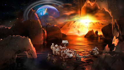 Mission to alien distant planet. Rover on an extraterrestrial landscape with bizarre mountains and...