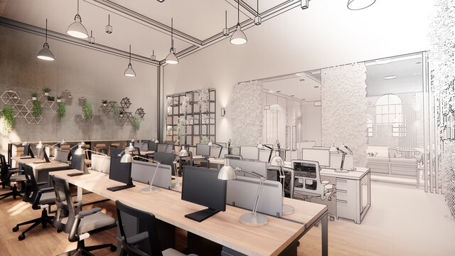 Interior Empty Modern Loft Office open space modern office footage.Modern open concept Lobby and reception area meeting room design.4k . 3d Rendering and drawing line sketch.