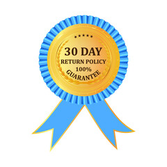 Gold premium 30 Day Return Policy golden label. Gold shiny emblem. Stock vector illustration on white isolated background.