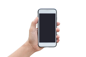 Woman hand holding a white smartphone, isolated on white.