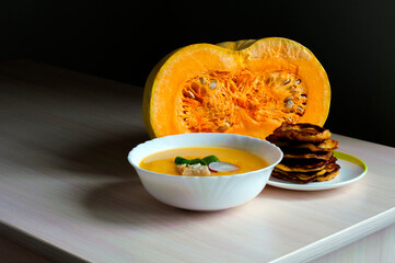 Pumpkin soup and pancakes. Half of the pumpkin.