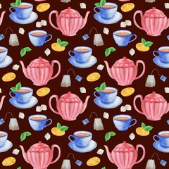 watercolor illustration, seamless pattern, tea with lemon, sugar, candy, ornament for wallpaper and fabric, wrapping paper