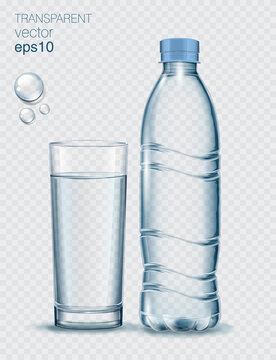 WebTransparent realistic vector glass of water and plastic bottle on light background