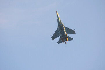 Warplane, air fighter, flying in the sky