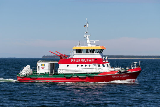 ROSTOCK, GERMANY - JUNE 15, 2020: fireboat ALBERT WEGENER inbound Rostock
