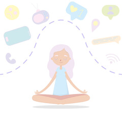 Digital detox concept. Information detox and meditation. Young woman meditating in lotus pose. Vector illustration in flat style.