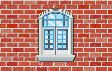 Obraz premium Window in red brick wall. Arched classic shape with columns. Glass with light reflections. Vector illustration of interior and exterior element.